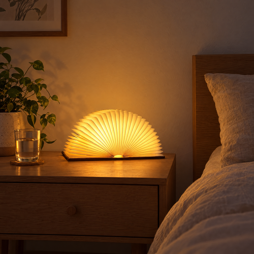 Lampka książka na szafce nocnej w sypialni